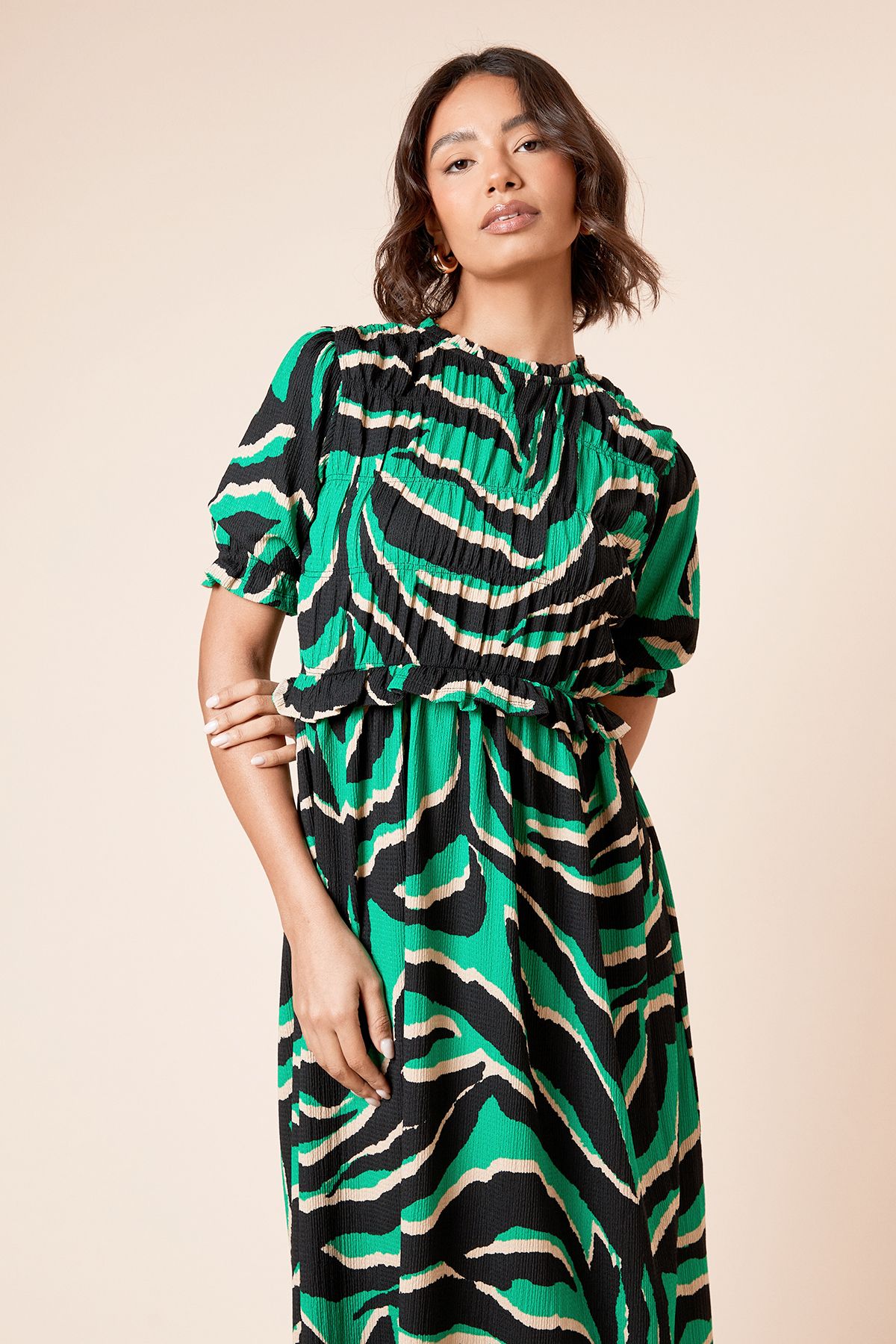 Dorothy Perkins Puff Sleeve Zebra Shirred Bodice Peplum Midi Dress