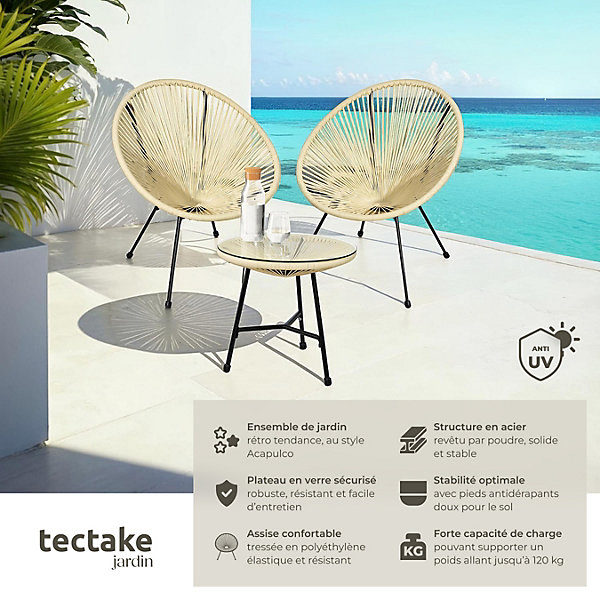 Lot de 2 chaises de jardin avec table en polyéthylène et acier beige