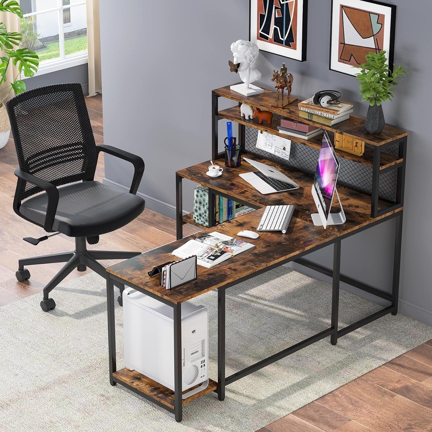 67 L Shaped Computer Desk with Hutch, Industrial Study Writing Table with Storage Shelves