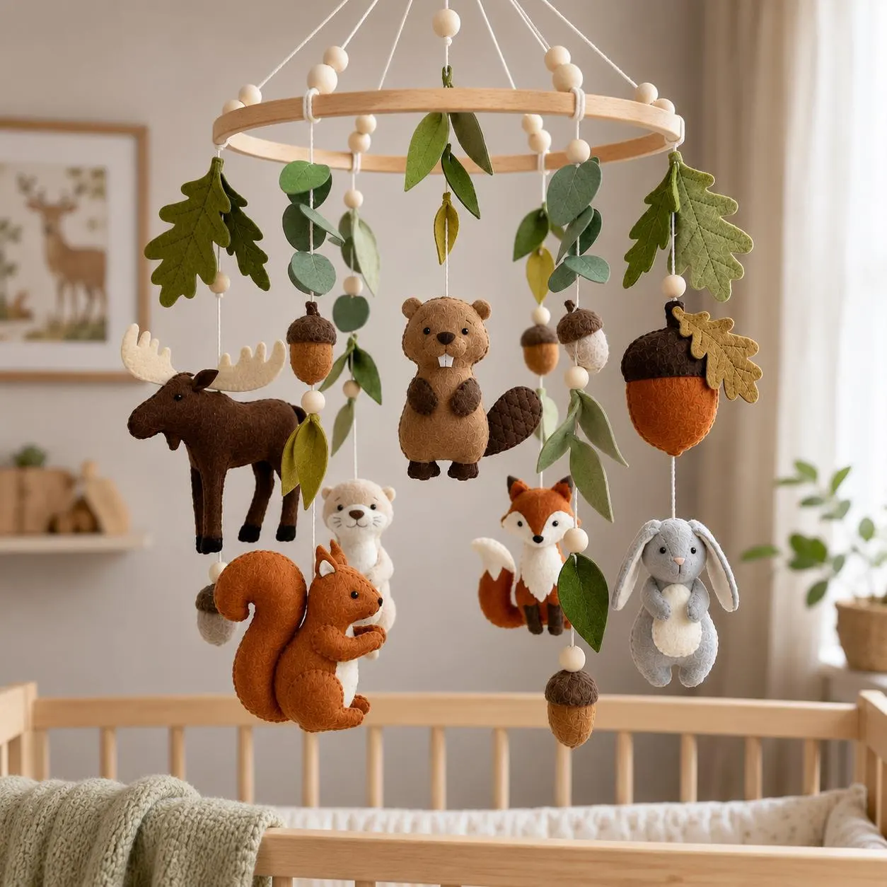 Woodland Felt Baby Mobile, Forest Animals Crib Decor, Fox Bunny Squirrel Moose Beaver