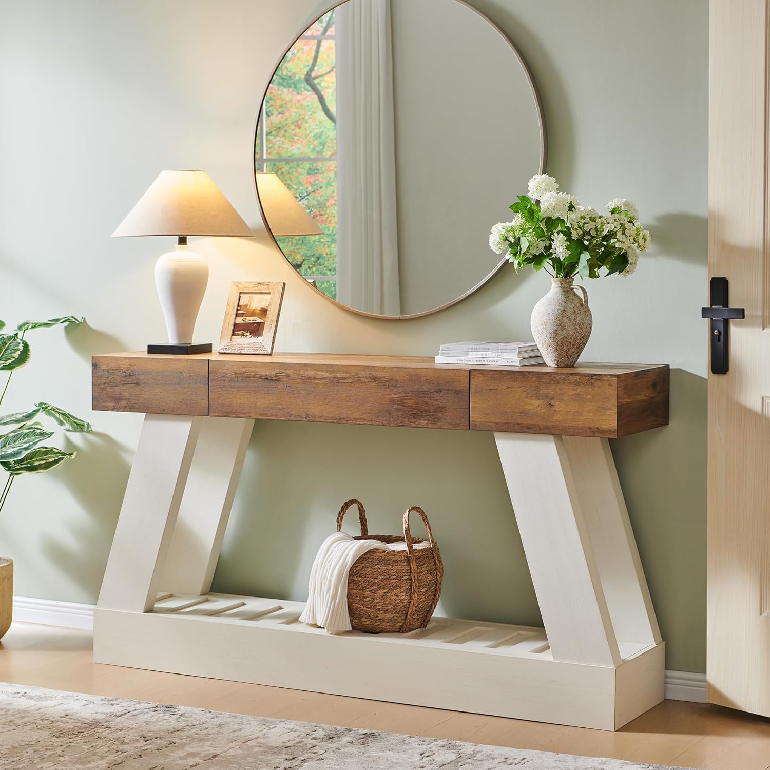 OKD 60 Farmhouse Entryway Table with Drawer, Console Table Behind Sofa, Narrow Long Entryway for Hallway, Living Room, Hallway, Behind Couch(Antique White)