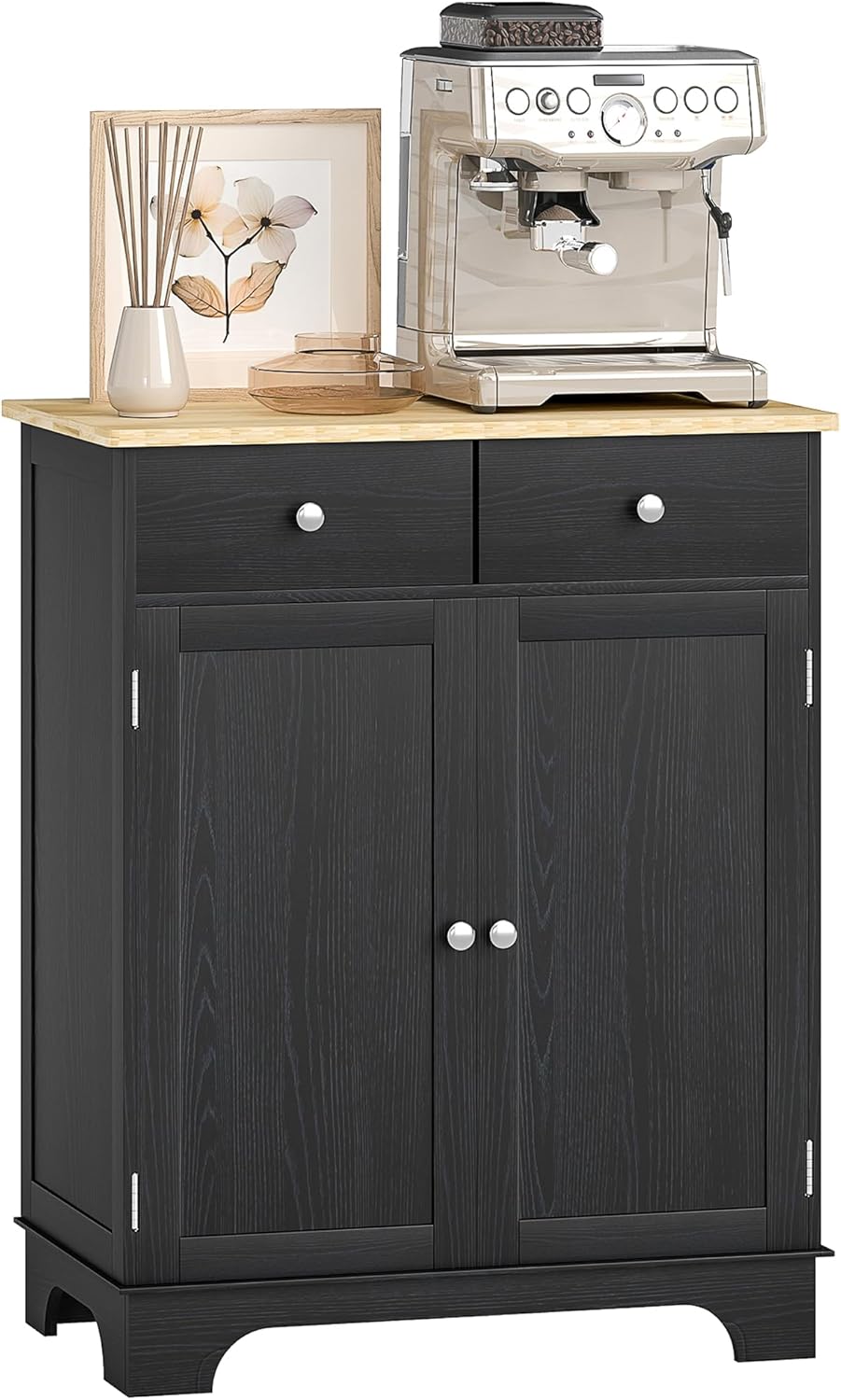 HOMCOM Sideboard Buffet Cabinet with Solid Wood Countertop, Modern Kitchen Storage Cabinet, Coffee Bar Cabinet with 2 Drawers, Doors and Adjustable Shelf, Distressed Black
