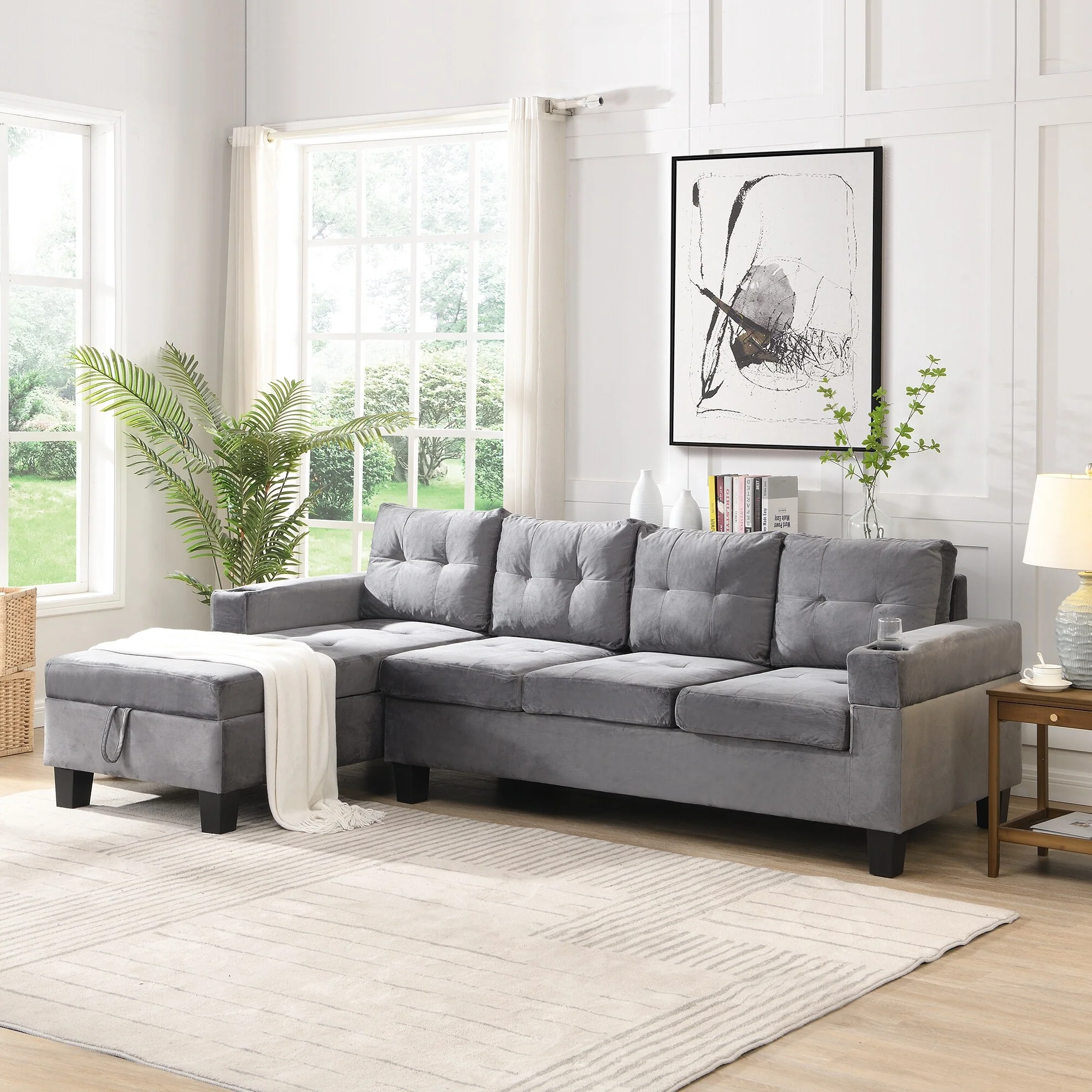 97.8'' Modern 4-Seater Sectional Sofa Set with Left-Hand Storage Chaise Lounge and Built-In Cup Holders for Living Room