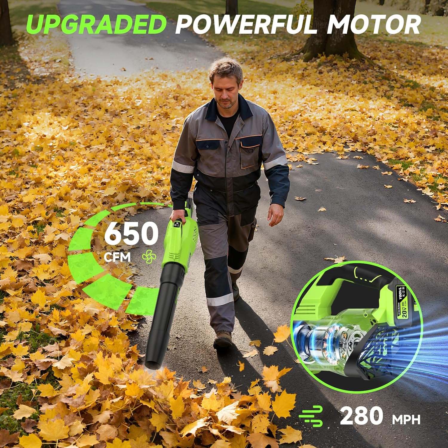 Leaf Blower Cordless, 650CFM Electric Leaf Blowers with 2 x 5.2Ah Batteries and Charger, 3 Speed Modes, 1 x Adjustable Shoulder Strap, Powerful Blowers for Lawn Care, Patio, Dust, Blowing Leaves