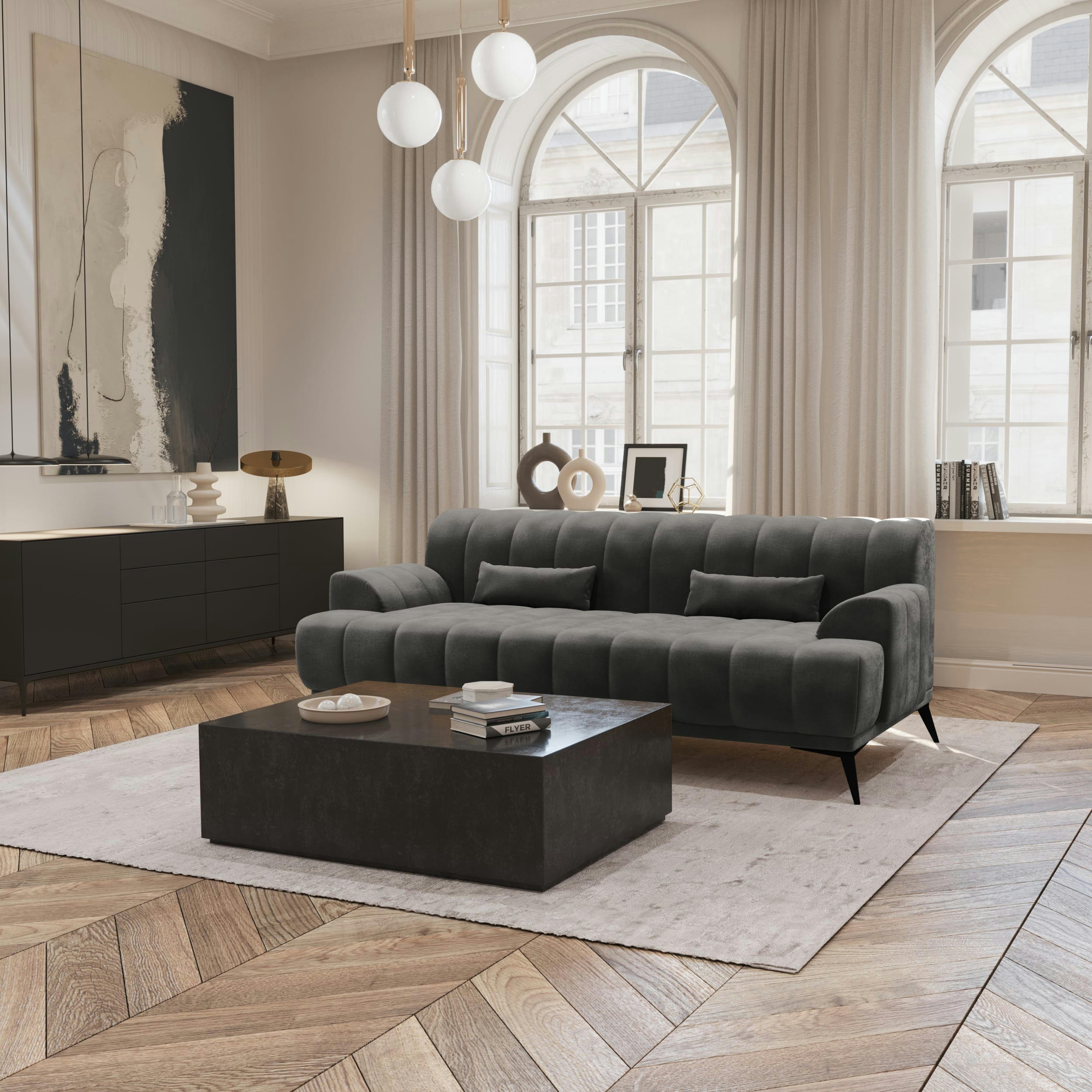 NOAH - Canapé 3 places  tissu velours gris graphite