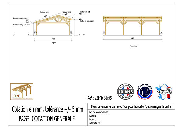 Carport 2 pentes faitage décalé 600cmx950cm, bois DOUGLAS Français(Charpente en bois-auvent-abri voiture)57 m².Garantie 10 ans