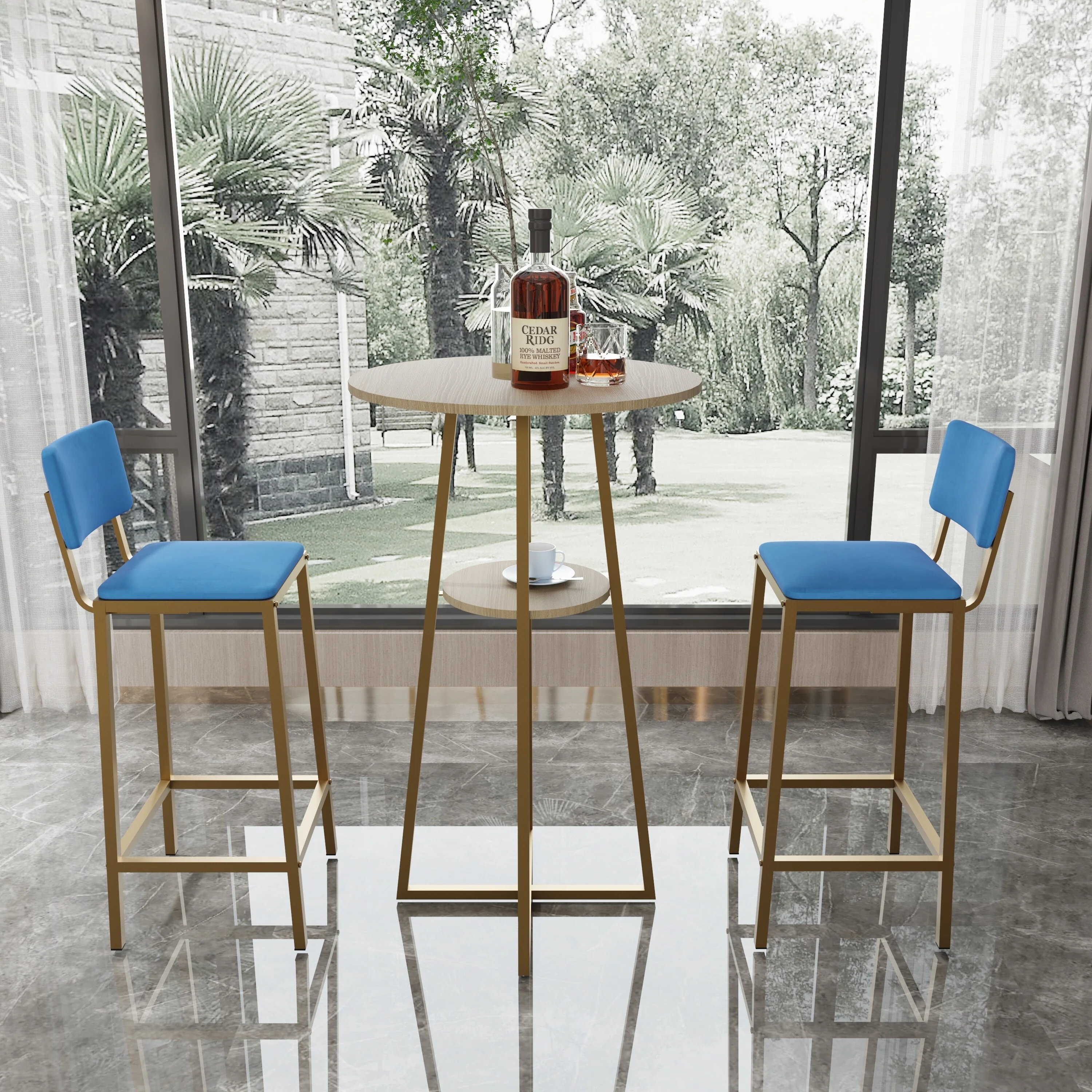 Bar table and chairs three piece set, frame, sponge made seat cushions and backrests, bar table with storage function