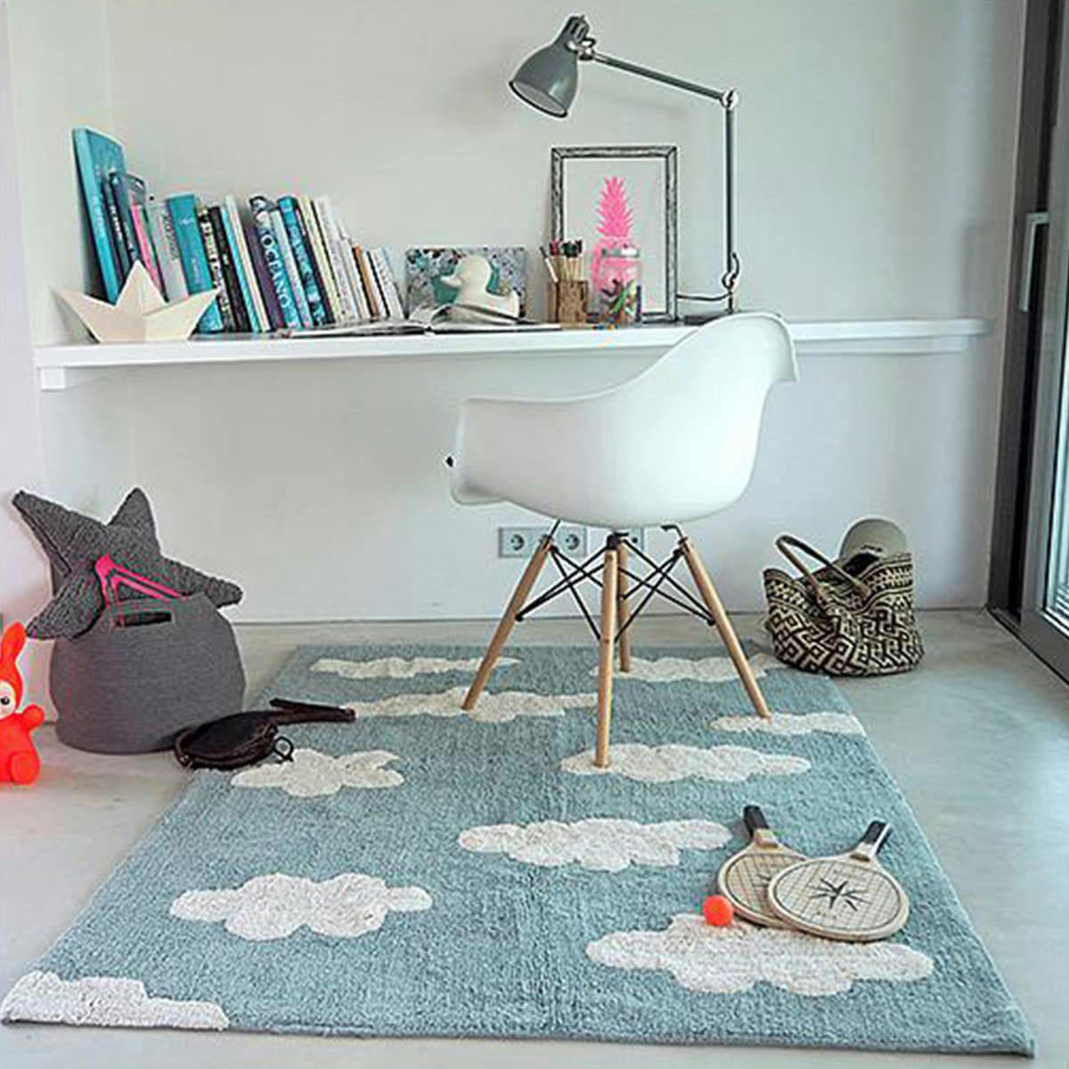 NUAGE - Tapis coton motif nuage bleu 120x160