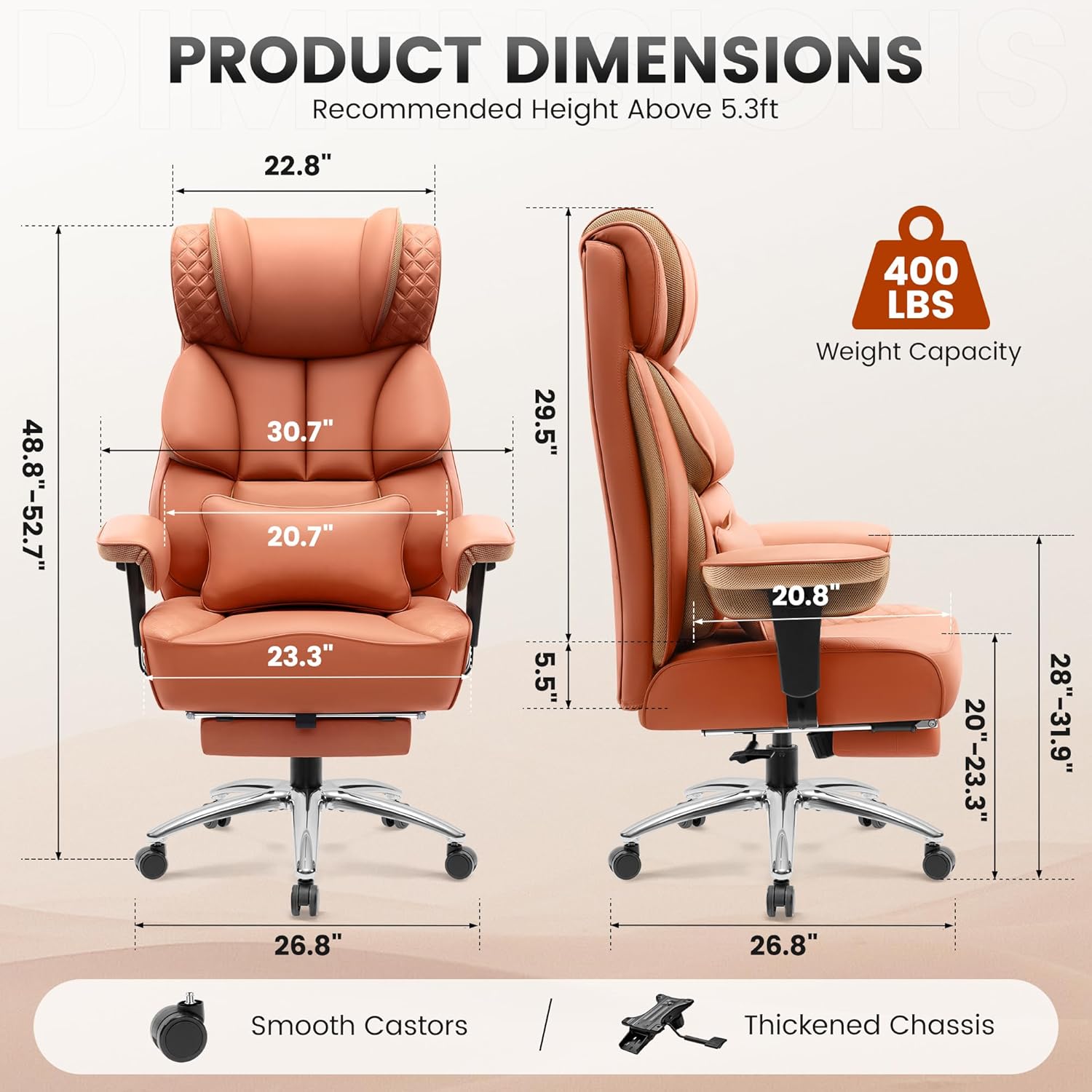 BestGlory Office Desk Chair, Big and Tall Leather Gaming Chair with Footrest, Wide Ergonomic Comfy Executive High-Back Reclining Computer Chairs, Swivel Rolling Wheels and Padded Lumbar Support, Brown