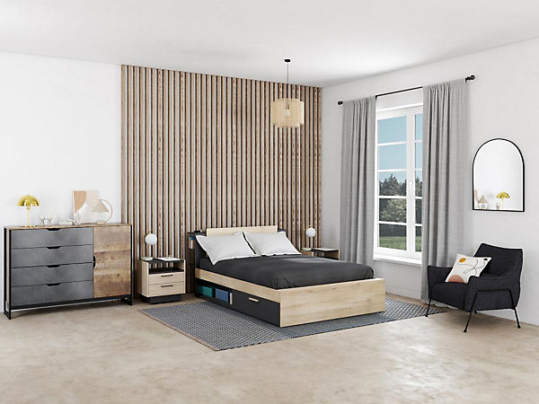 Lit modulable 140 x 190/200 cm avec rangements - Coloris : Naturel et noir - ERALIA