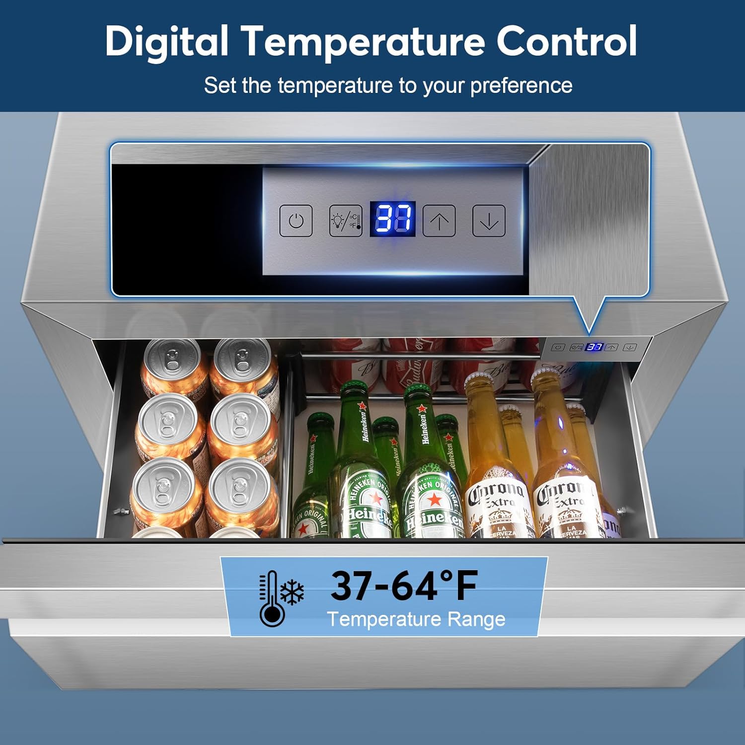 FoMup Stainless Steel 3-Tier Drawer Fridge Undercounter, Outdoor Beverage Refrigerator with Wheels, Waterproof Design and Temperature Control for Home and Commercial Use