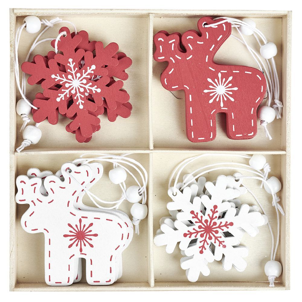 Décoration de No&euml;l à suspendre en bois rouge et blanc x12