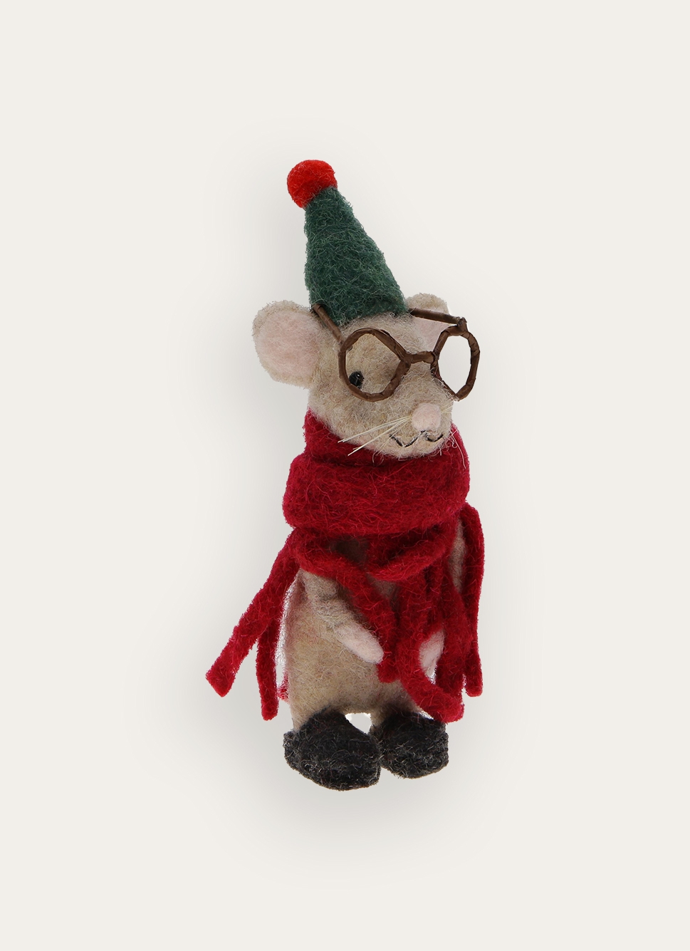 PETITE SOURIS EN FEUTRE AVEC LUNETTES ET ÉCHARPE BEIGE CLAIR