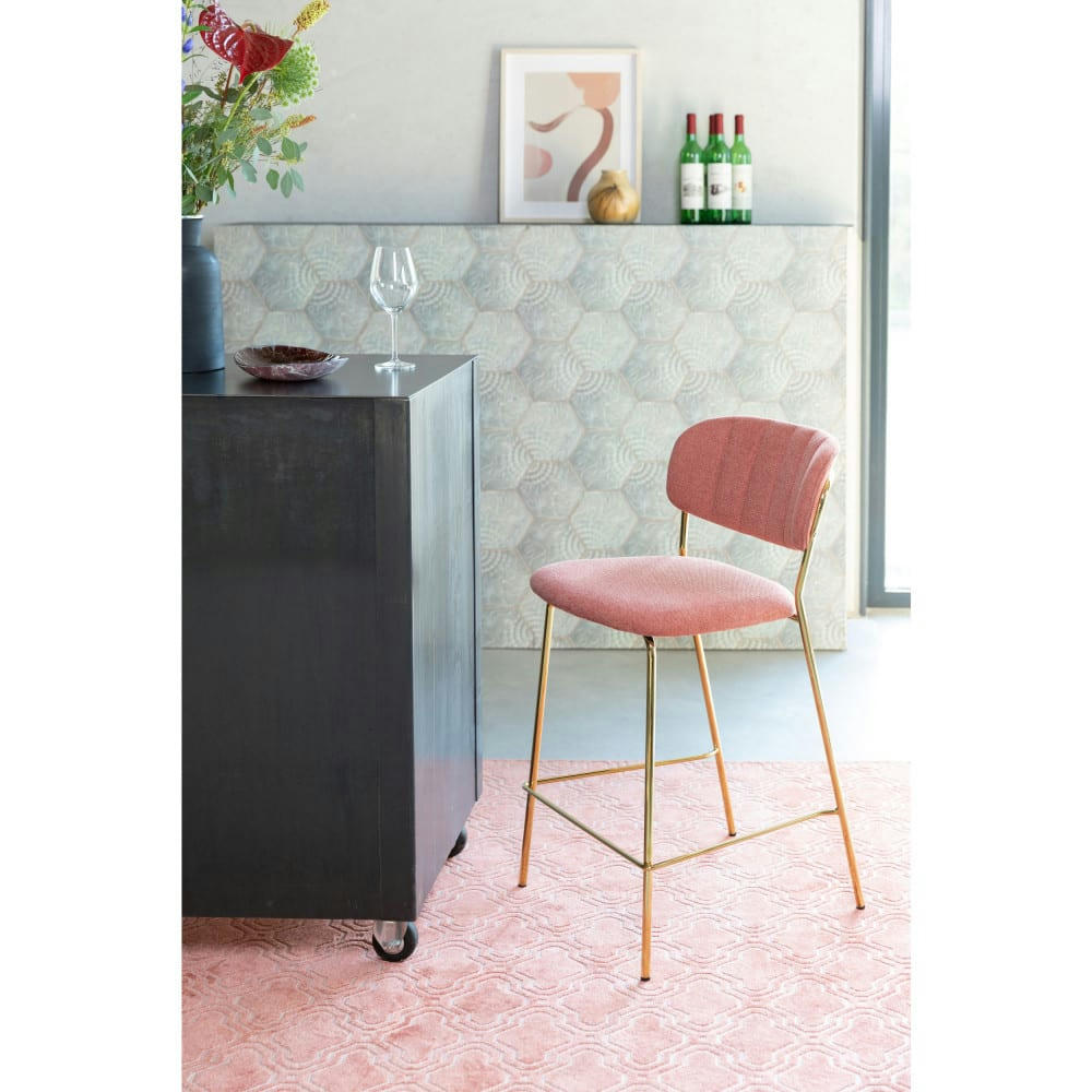 JOLIEN - Lot de 2 tabourets de bar en tissu avec pieds dorés rose