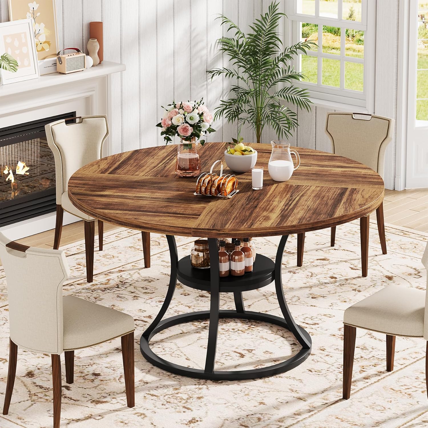 47'' Round Dining Table for 4-6, Farmhouse Dining Room Table with Storage Shelf, Space-Saving Kitchen Table with Metal Base for Kitchen & Dining Room, Table Only (Brown & Black)