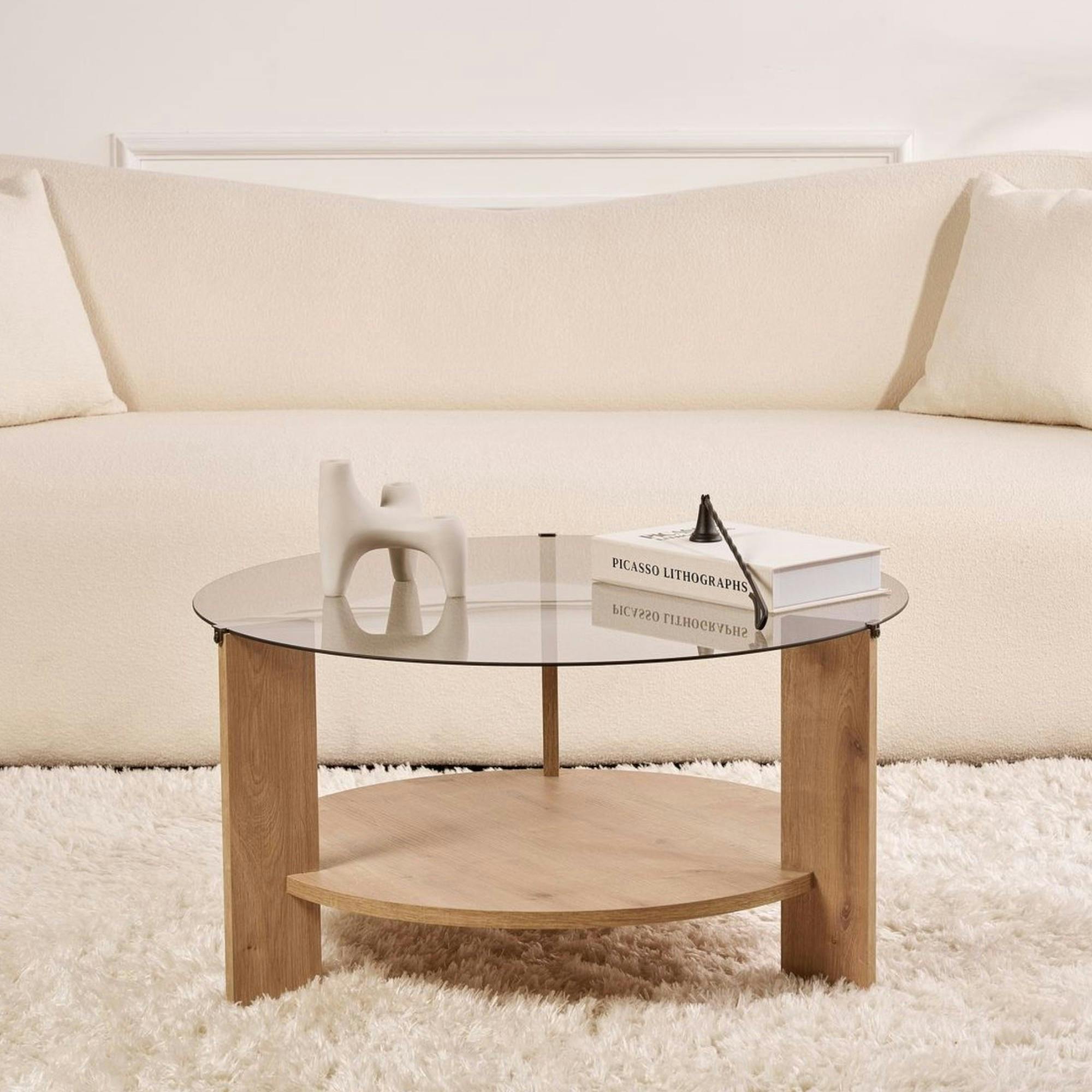 Table basse verre fumé double plateau - effet chêne SALTA