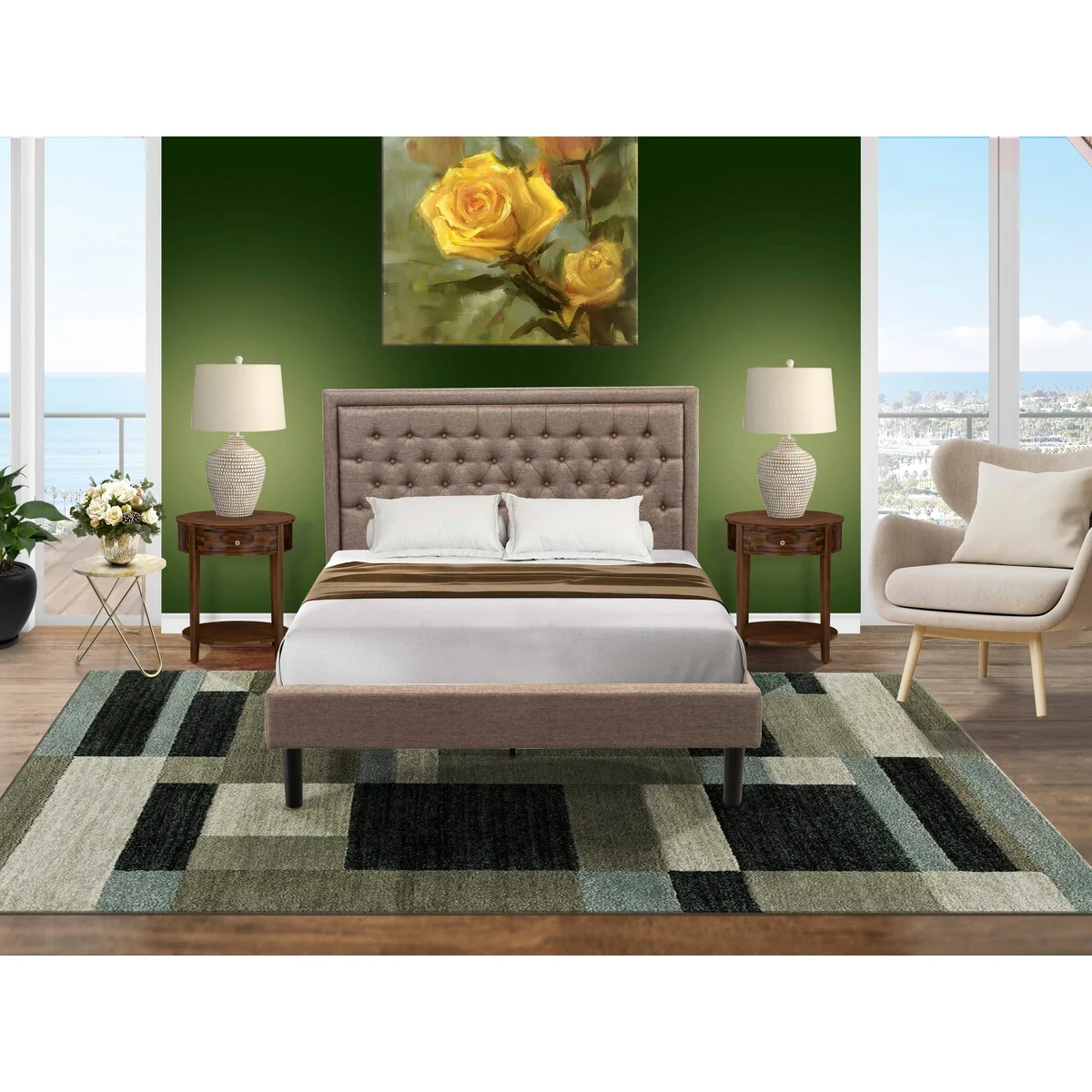 East West Furniture 3 Piece Bed Set - Platform Bed Frame Dark Khaki Headboard with 2 nightstands - (Bed Size Options))