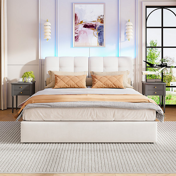 Lit Double LED 140 X 200 Cm Avec Rangement Et éclairage LED, Tête De Lit En Velours, Beige