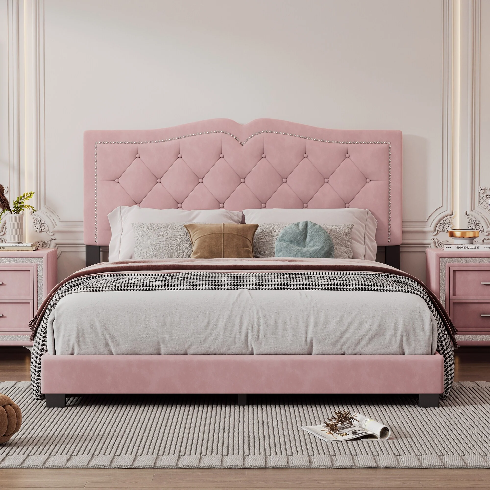 Queen Size Upholstered Platform Bed with Tufted Headboard and Decorative Rivet Trim, Plush Velvet Fabric