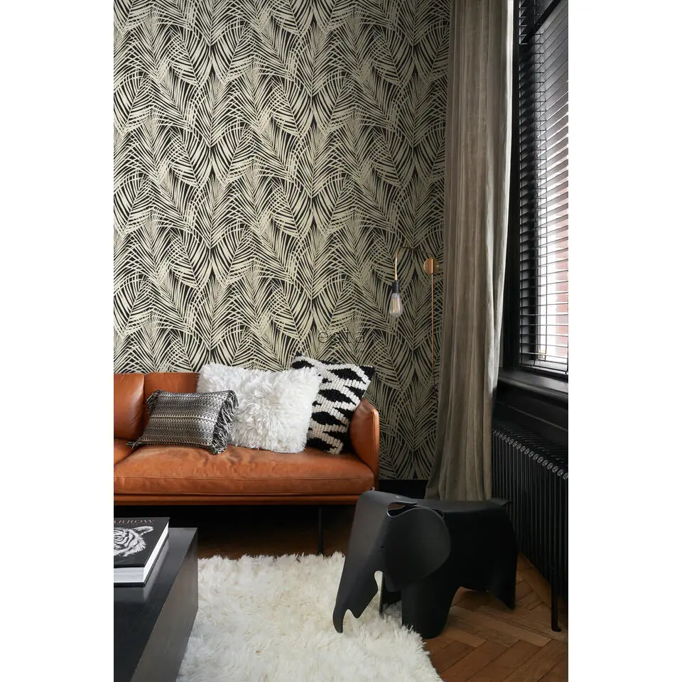 ESTAhome behang palmbladeren zwart en goud - 53 cm x 10.05 m