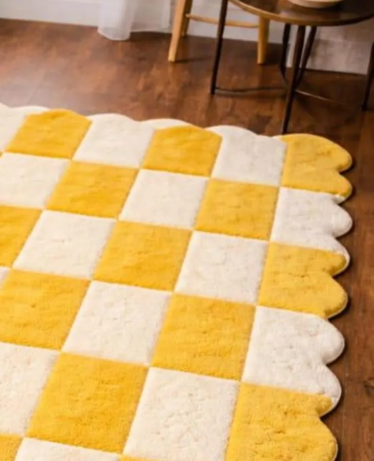 Yellow Checkered Rug, Cream Checkerboard Area Rug, Scalloped Edge Rug, Handmade Tufted Wool Carpet, Modern Cozy Living Room Home Decor 6x9