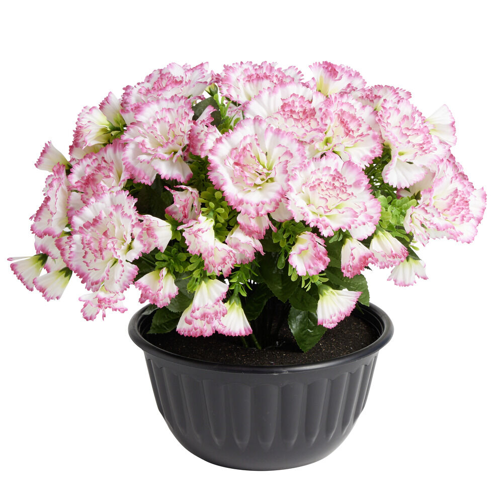 Pot fleur artificielle oeillet rose et blanc 14 tiges Ø30xH23cm