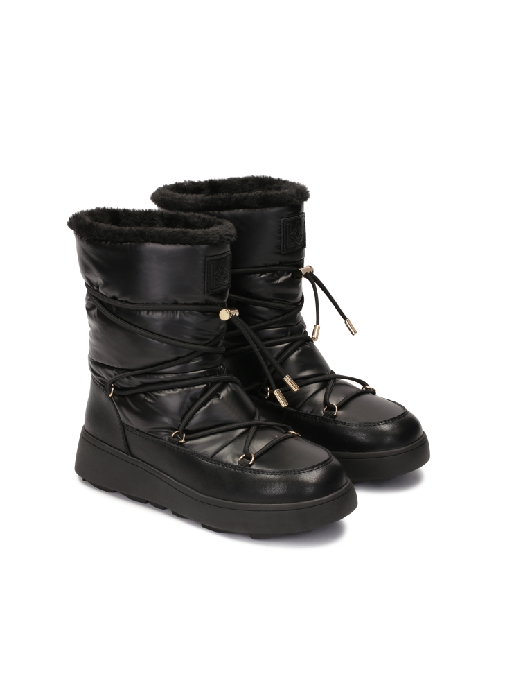 Ladies' black snow boots of grain leather and fabric
