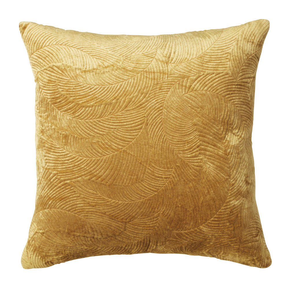 JOSETTE - Coussin en velours piqué motifs plumes jaune moutarde 45x45