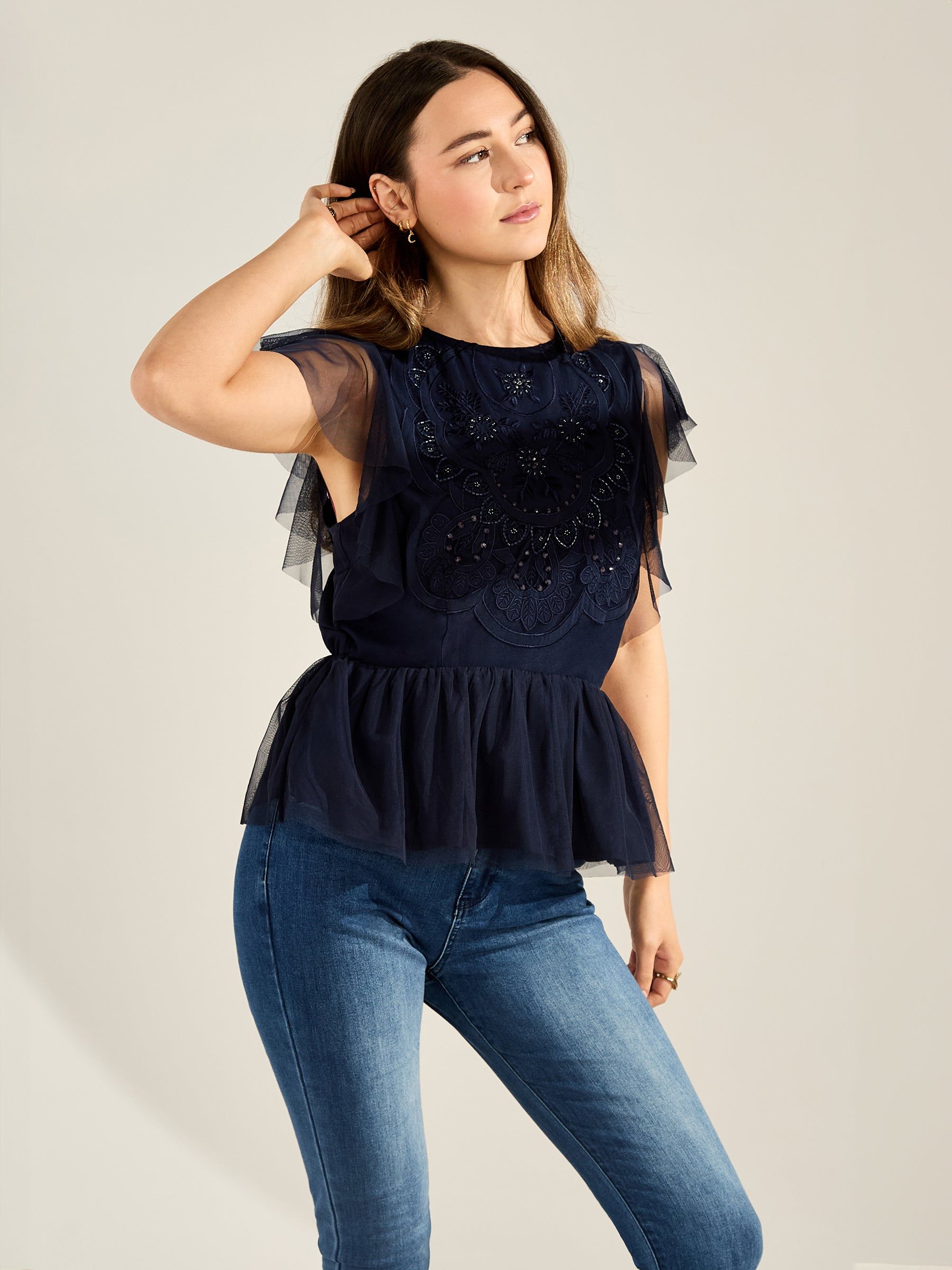 GWD by GEORGE W. DAVIES GWD Zoey Sparkle Navy Mesh Embellished Top
