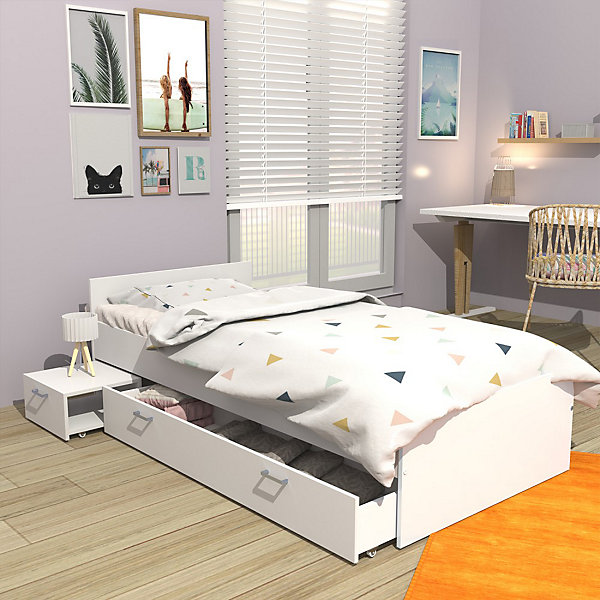 Lit 1 place 90x190cm blanc TIDO inclus chevet et tiroir pour rangement