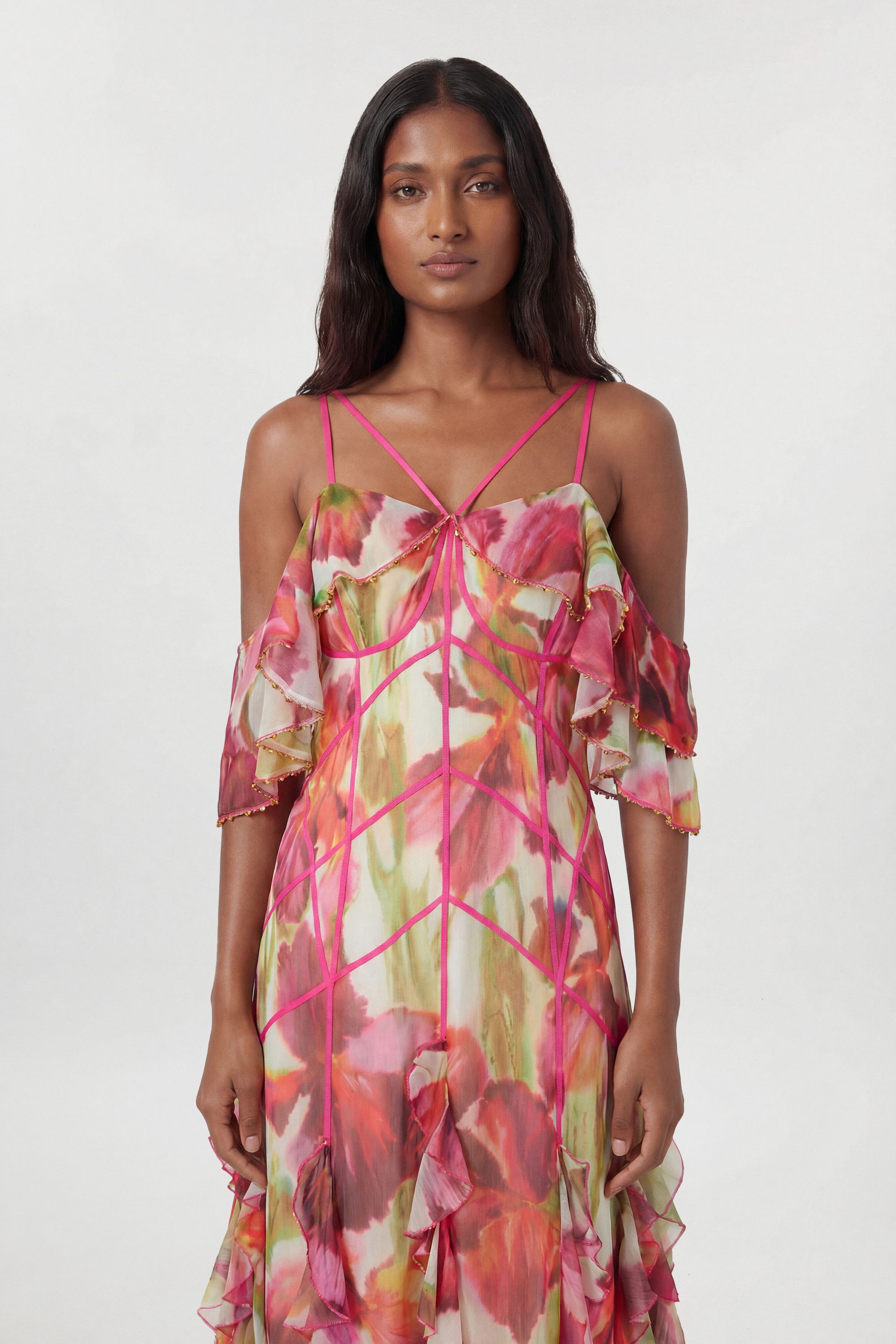 KarenMillen Petite Crinkle Floral Print Beaded Cold Shoulder Maxi Dress