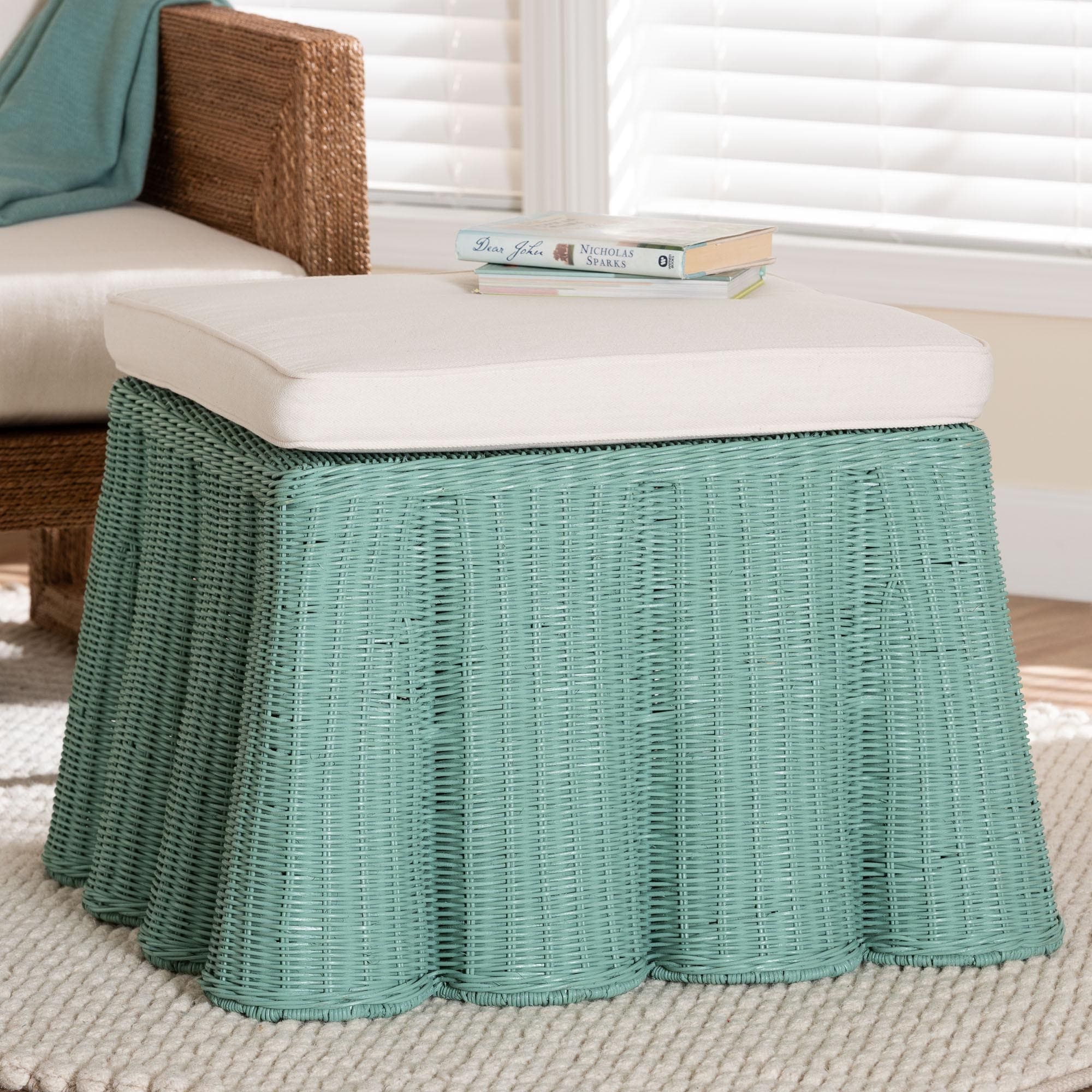 Palm Scallop Natural Rattan Ottoman with Cushion – Handwoven Wicker Accent Bench or Footrest for Living Room or Sunroom, Square