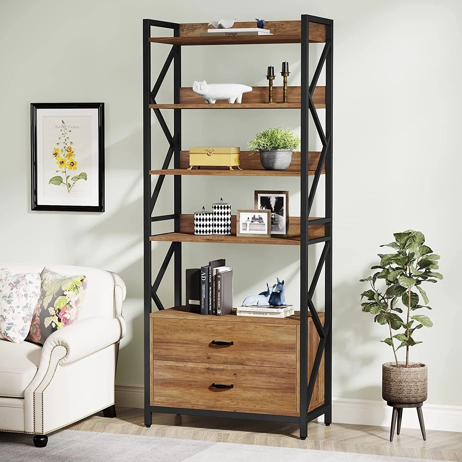 5 Shelf Bookcase 70.86 Inch Industrial Bookshelf with 2 Drawers,