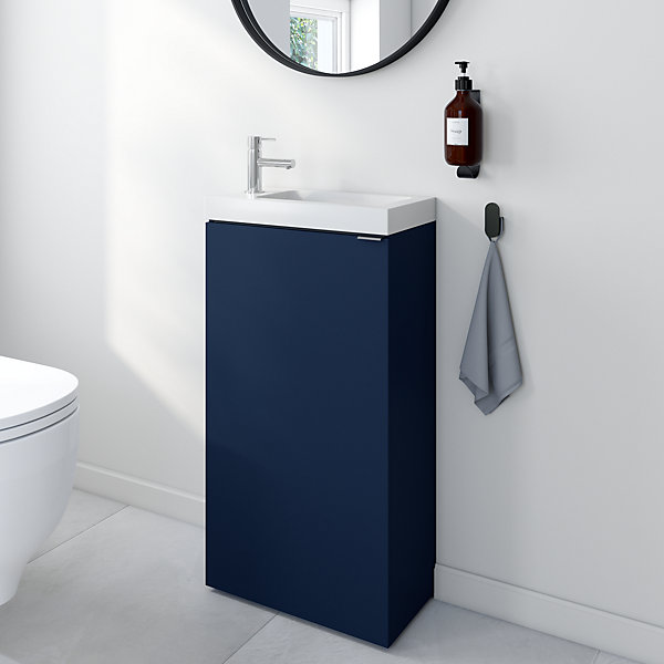 Ensemble meuble lave-mains Imandra bleu nuit mat l.44 cm   plan vasque lave-mains blanc en céramique Nira