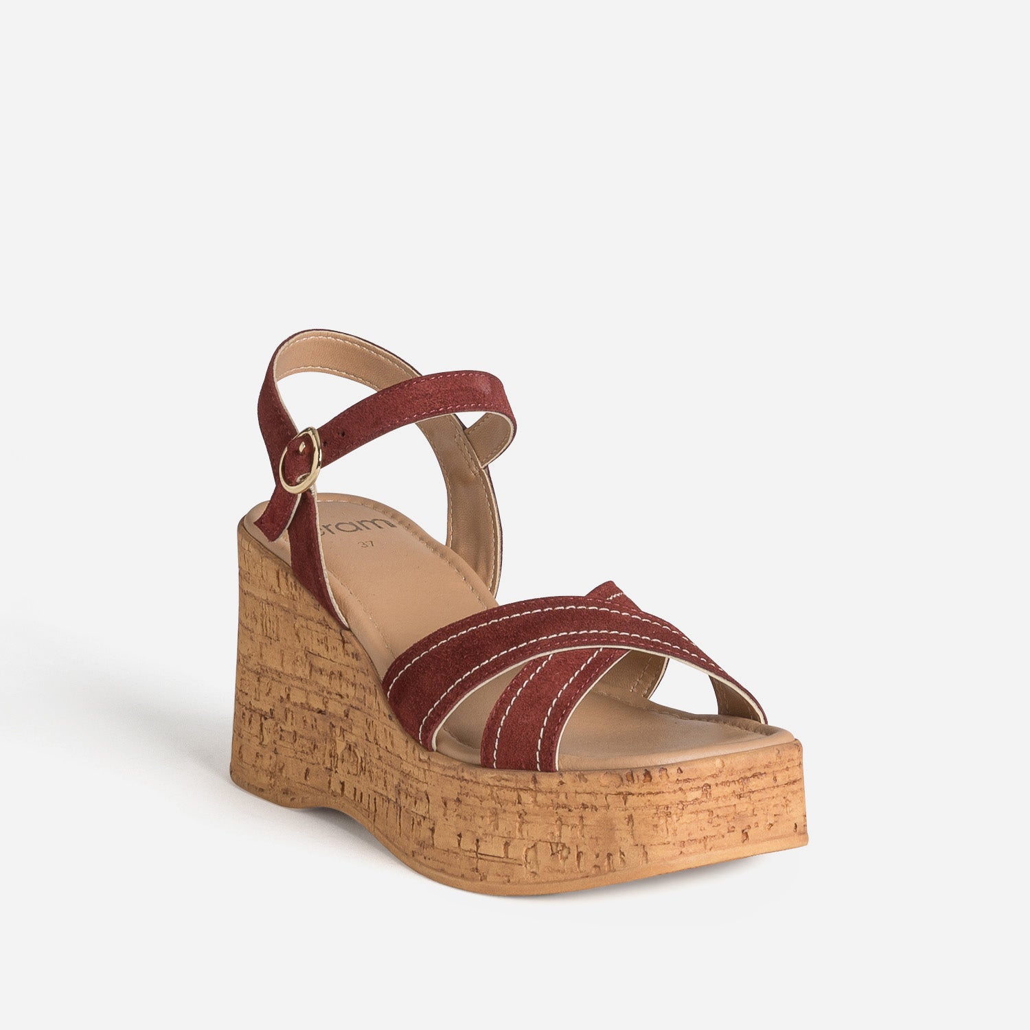Sandale compensée bordeaux cuir velours