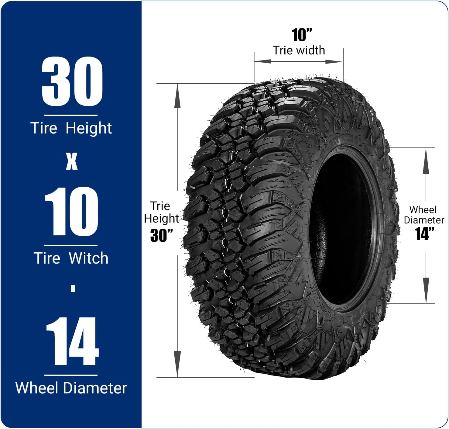 Set of 4 FORERUNNER 30X10R14 ATV Tires, 8PR Tubeless UTV Tires, All-terrain Tires