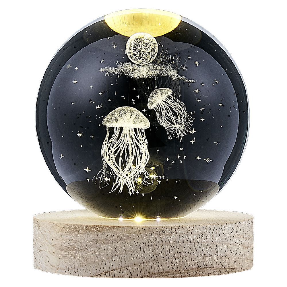 Boule de cristal gravée socle LED thème méduse Ø9xH10cm