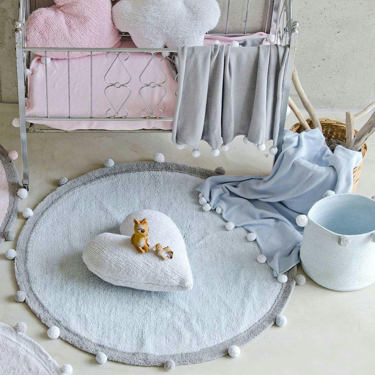 POMPON - Tapis coton rond à pompom bleu D120cm