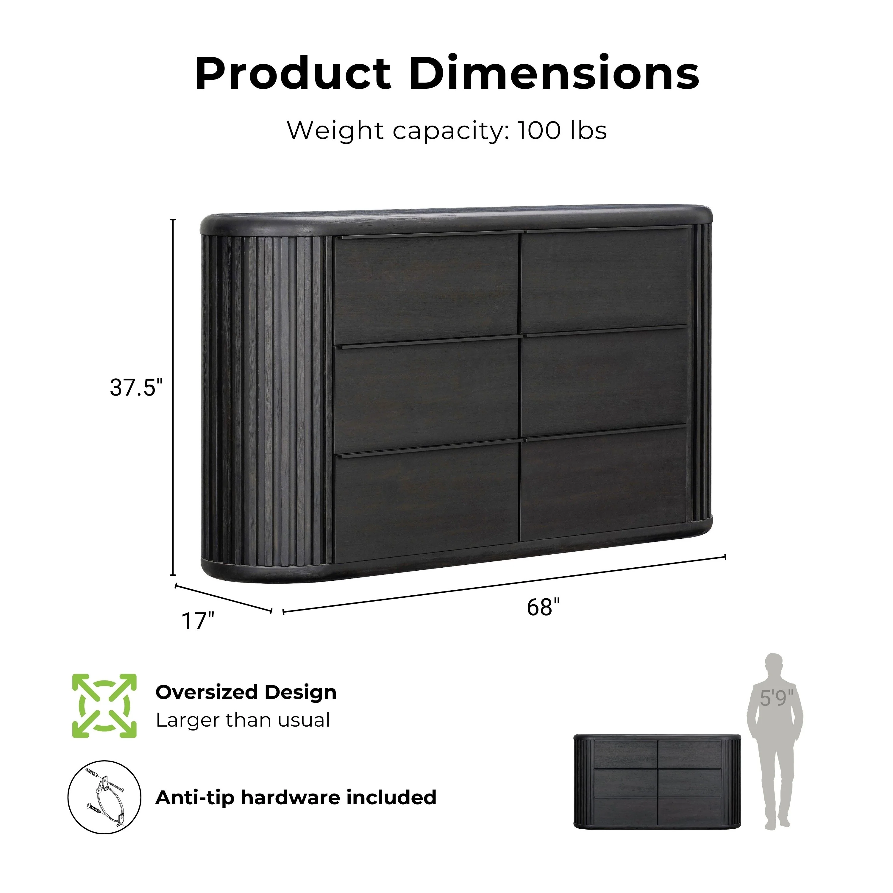 Furniture of America Caelan Modern Black Solid Wood 6-Drawer Double Dresser