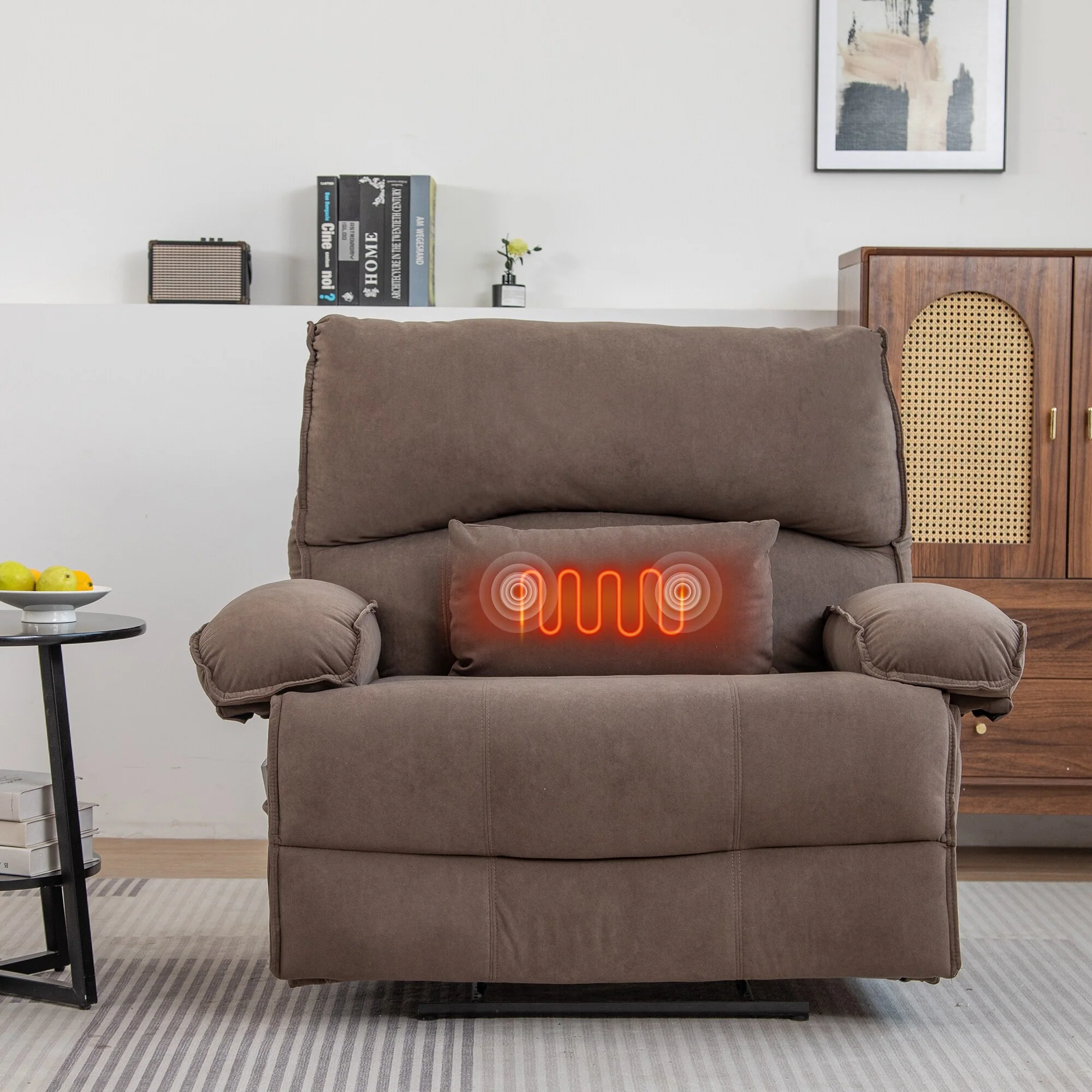 Grey Spacious Push-Back Recliner Sofa Chair with Soft Fleece Upholstery and Heated Massage Pillow for Relaxation