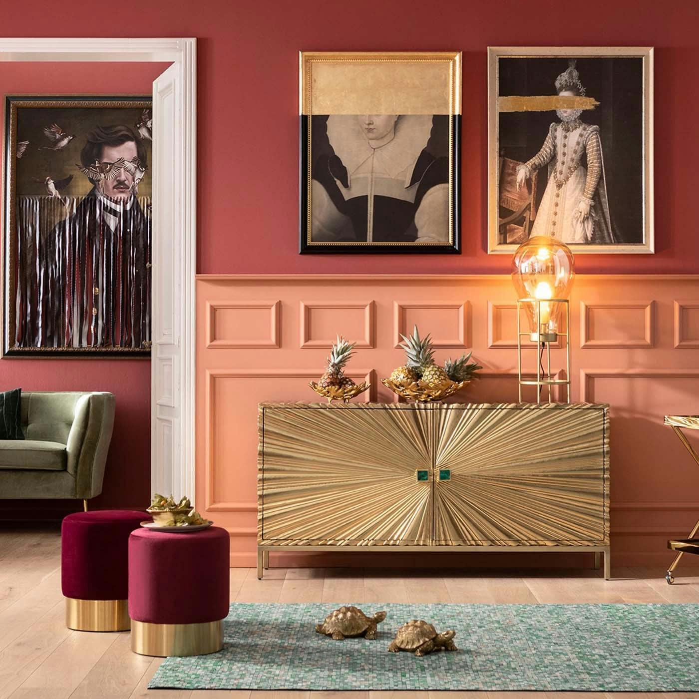 CHERRY - Tabouret en velours bordeaux et acier doré