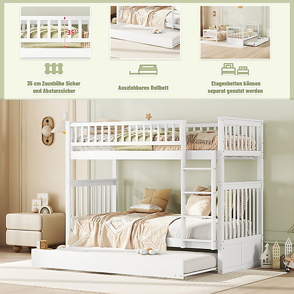 Lit Superposé 90 x 200 cm - Lit Gigogne avec Escalier - Pin   MDF - Sans Matelas - Blanc