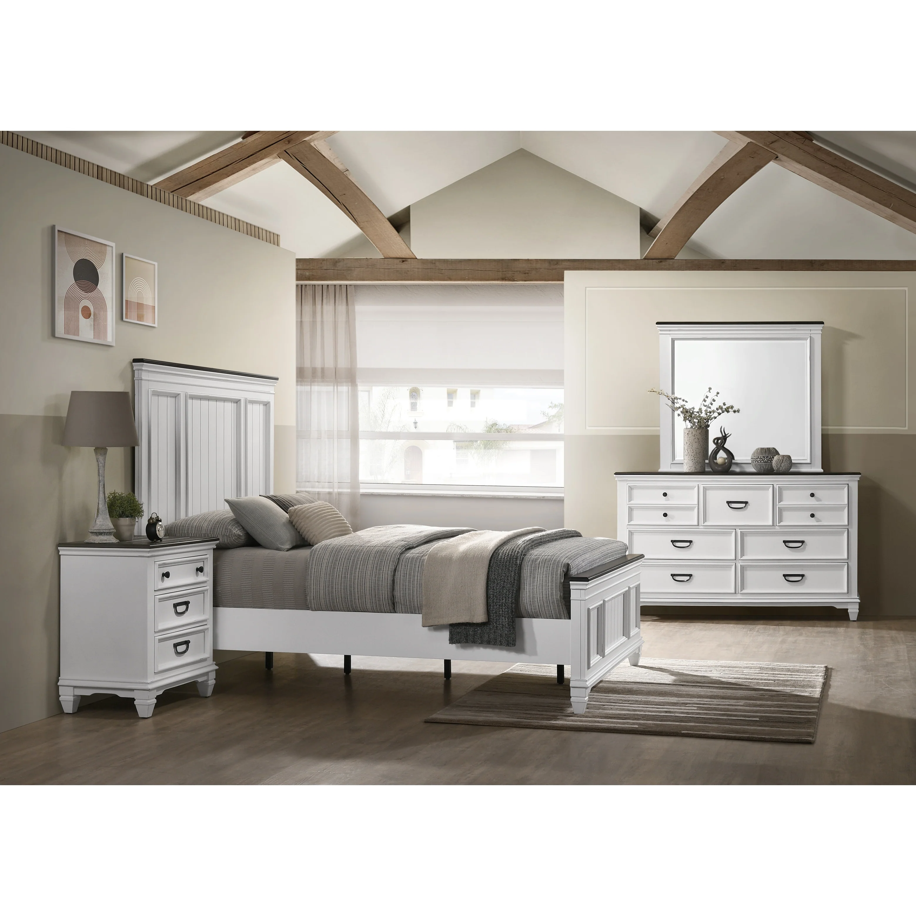 Roundhill Furniture Clelane Wood Bedroom Set with Bed, Dresser, Mirror, and Nightstand
