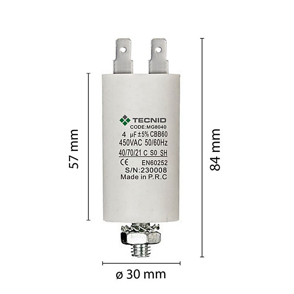 Condensateur de démarrage pour moteurs électriques, 450V, capacité : 4 microfarad, 4 broches / M8