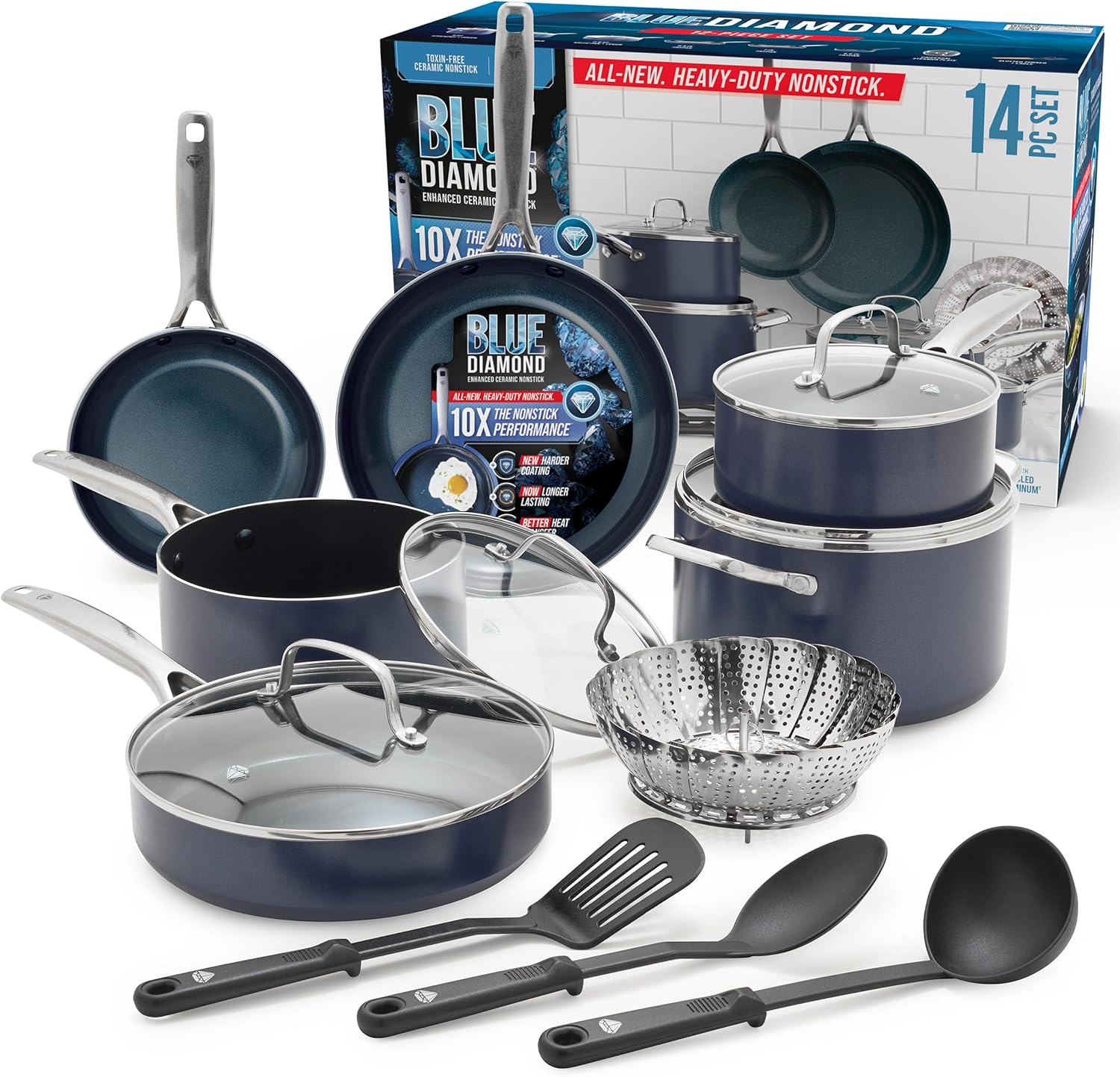 Blue Diamond 14 Piece Cookware Set, Diamond Infused PFAS & PFOA-Free Ceramic Nonstick Pots and Pans, Durable, Non Toxic, Metal Utensil Safe & Scratch Resistant, Dishwasher & Oven Safe, Blue