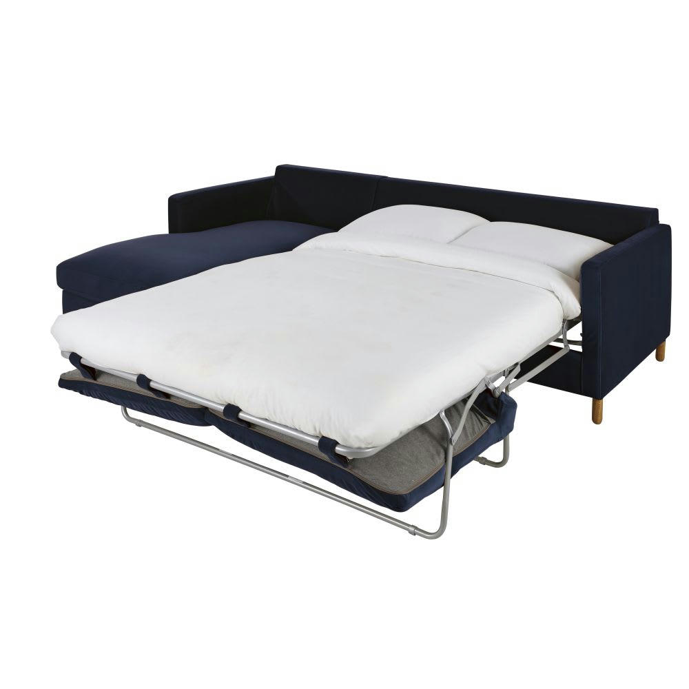 Julian - Canapé d'angle gauche convertible 5 places en velours bleu nuit, matelas 10 cm