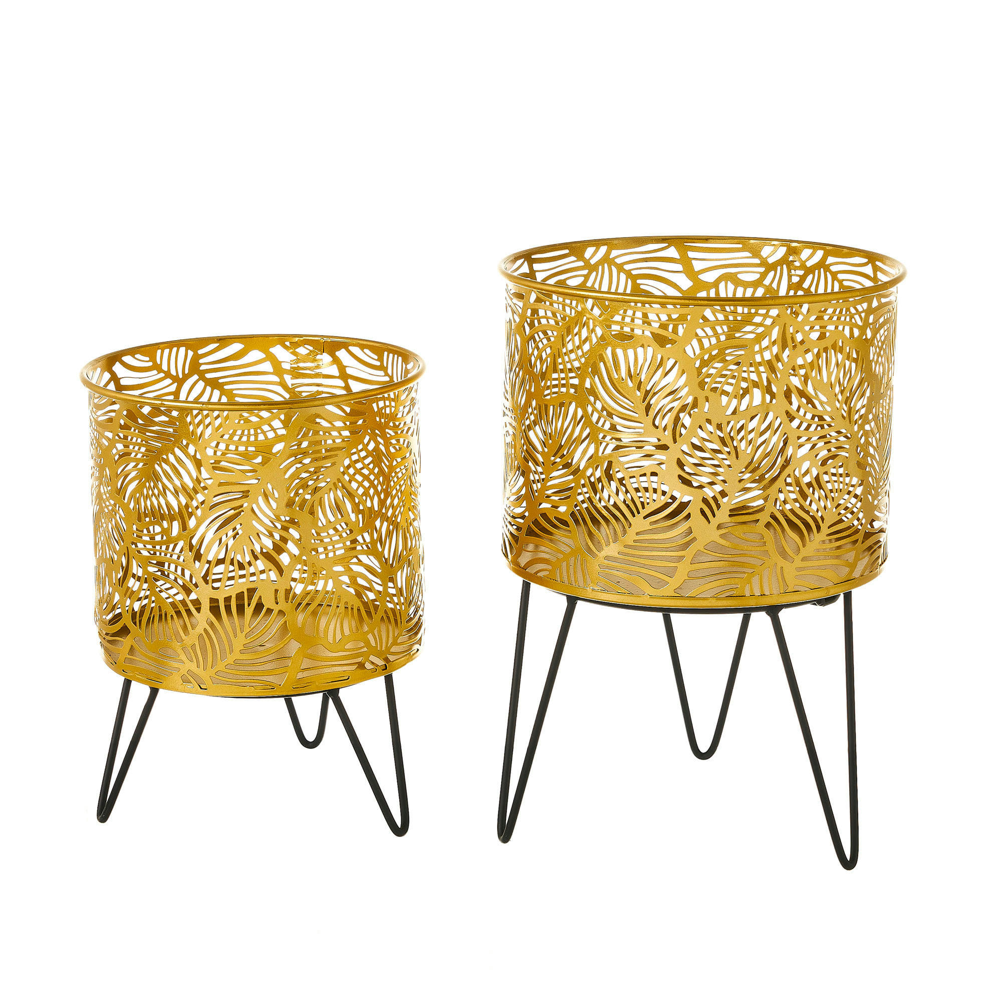 - Set de 2 supports pots plante en métal noir et doré - 20.5x20.5x29.6cm