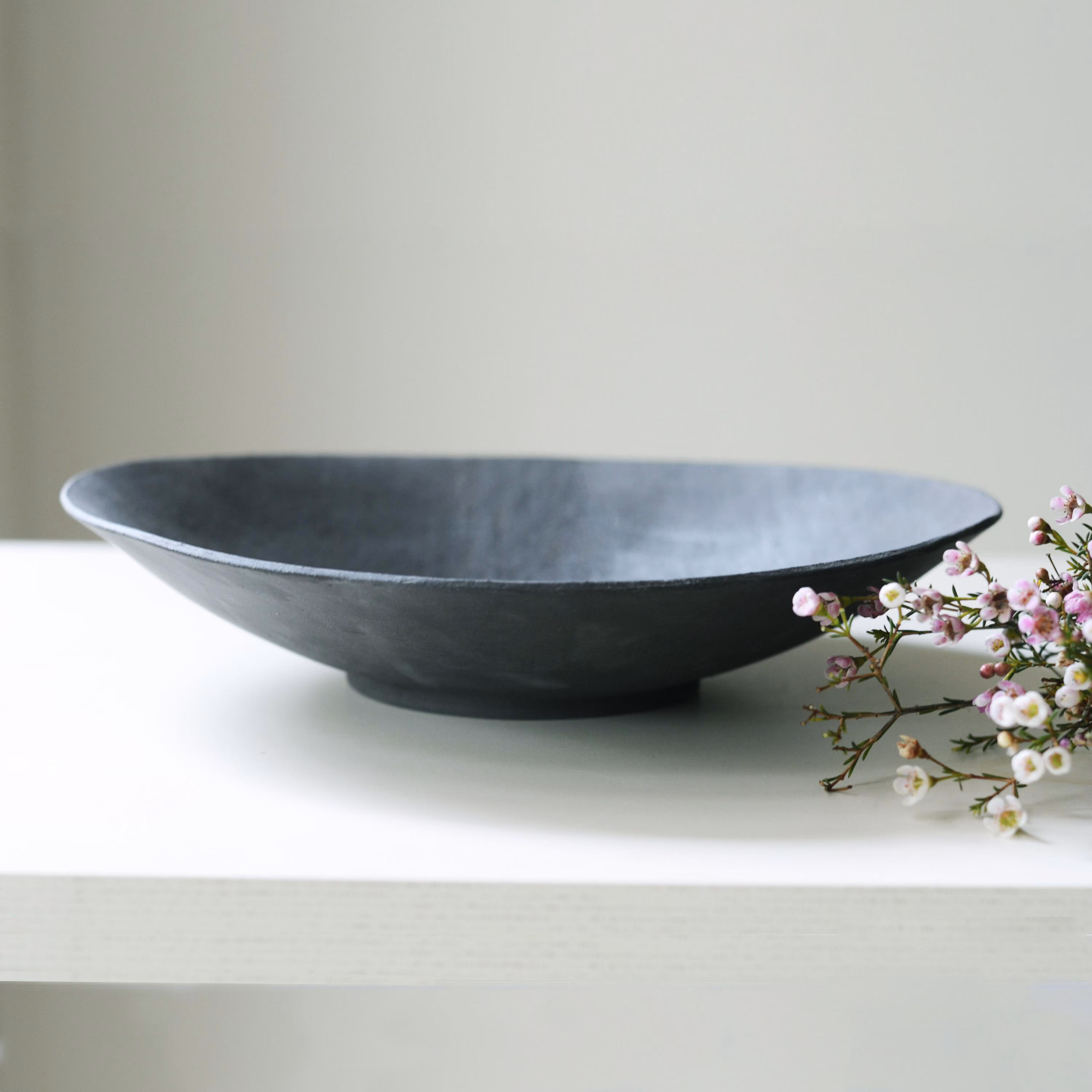 Large Black Stoneware Fruit Bowl - 14.5 in Handmade Matte Ceramic