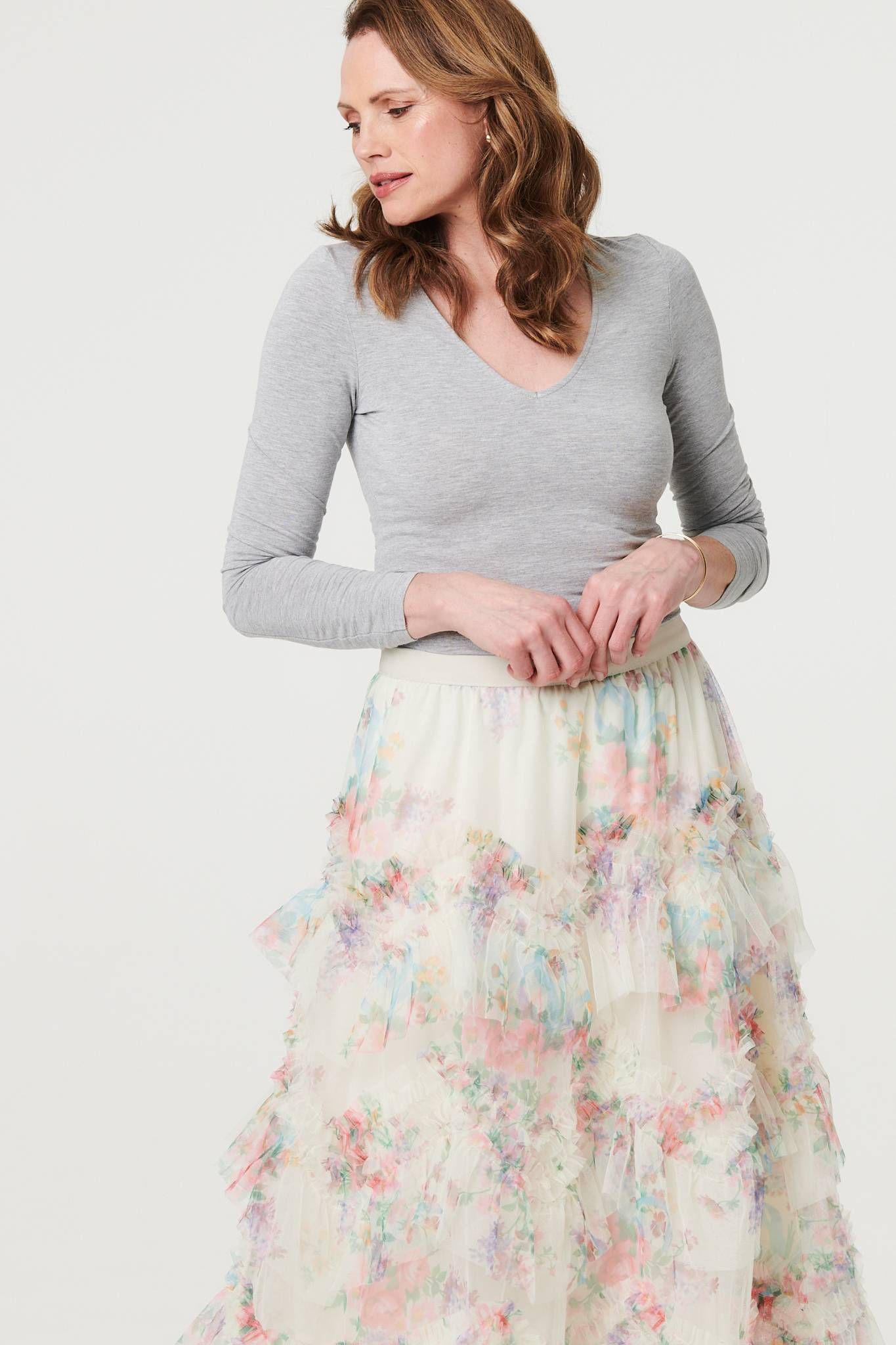Izabel London Floral Semi Sheer Mesh Ruffled Midi Skirt