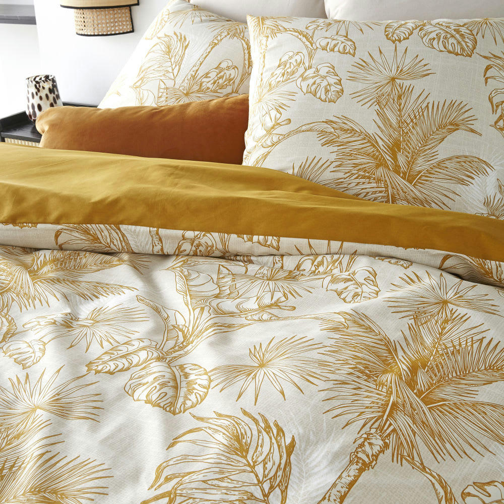 - Parure de lit en coton bio écru et caramel imprimé palmiers 240x260, OEKO-TEX®
